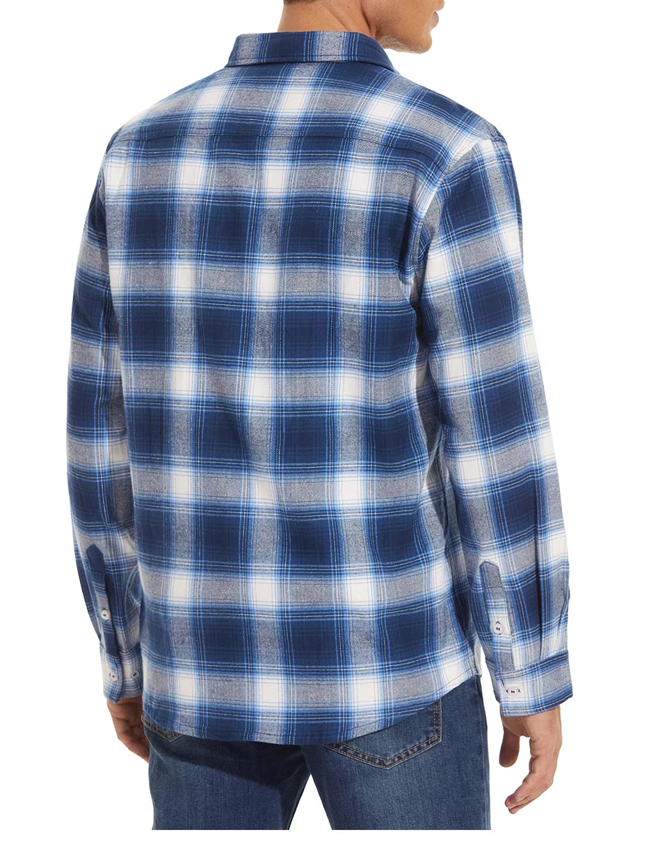 MAGCOMSEN Autumn Windproof Men's Flannel Shirt Warm Long Sleeve Casual Plaid Shirts with Two Chest Pockets