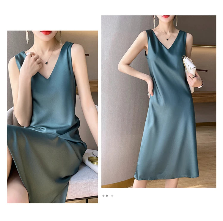 LHZSYY Silk Satin Front/Back V-neck Sling Dress Women's Sleeveless Waistcoat Top Spring Summer New Mulberry Silk Hip Long Skirts