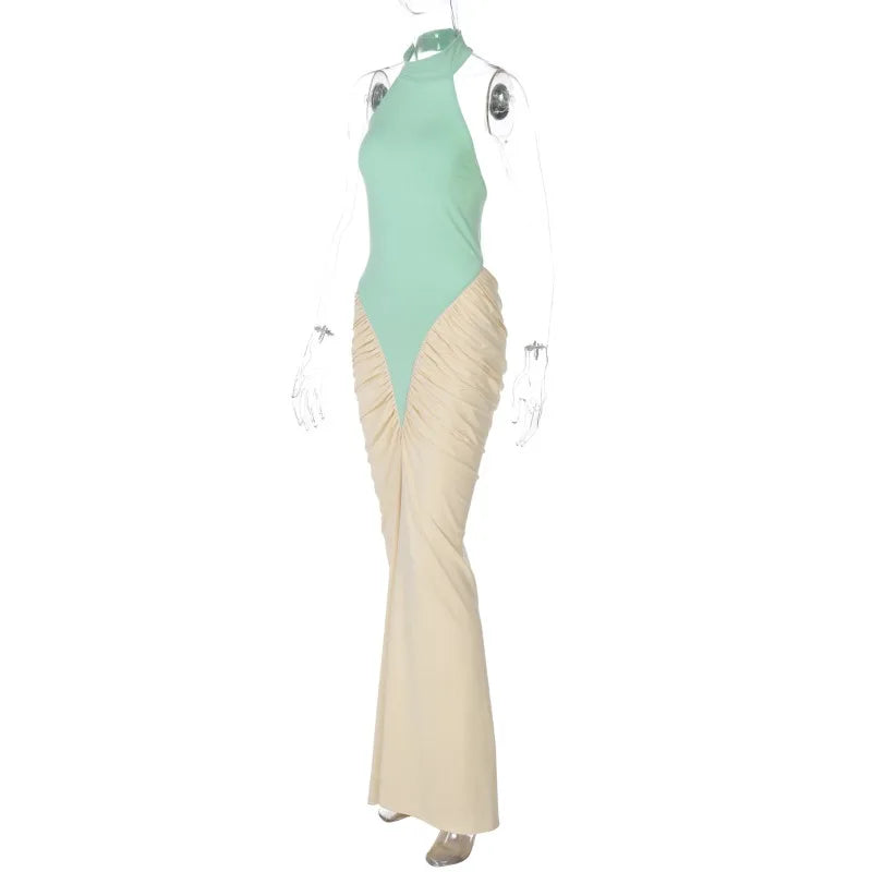 BOOFEENAA Patchwork Halter Backless Maxi Dress for Dinner Evening Gown Sexy Elegant Party Dresses for Woman Fall 2025 C15-CH41