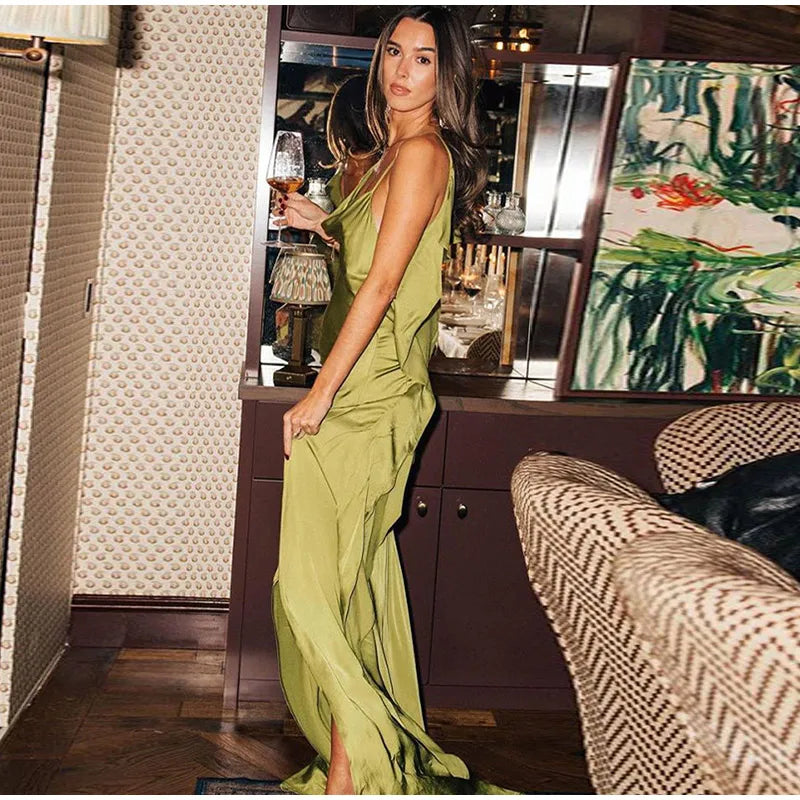 Backless Women Dress Satin Spaghetti Strap Maxi Dresses Back Tail Cowl Drape Front Neck Side Split Hem Elegant Evening Bodycon