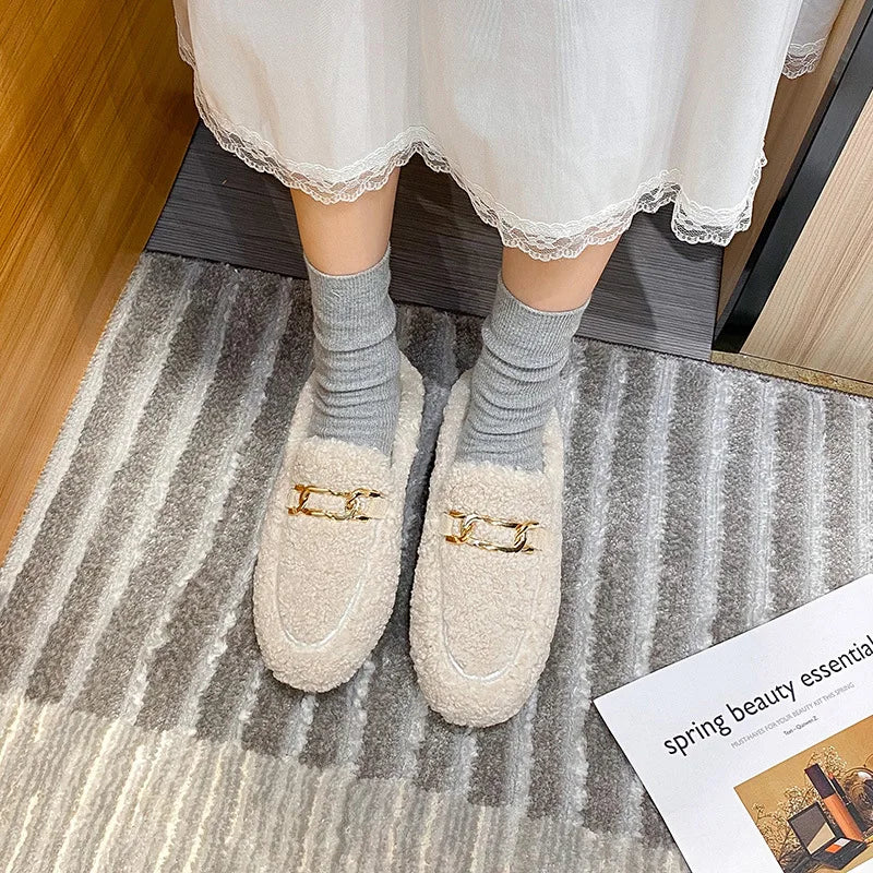 Winter Warm Plush Mules Women One Band Fur Slippers Cozy Cotton Shoes Woman Flats Cover Toe Fleeces Slides Femme Wool Pantuflas