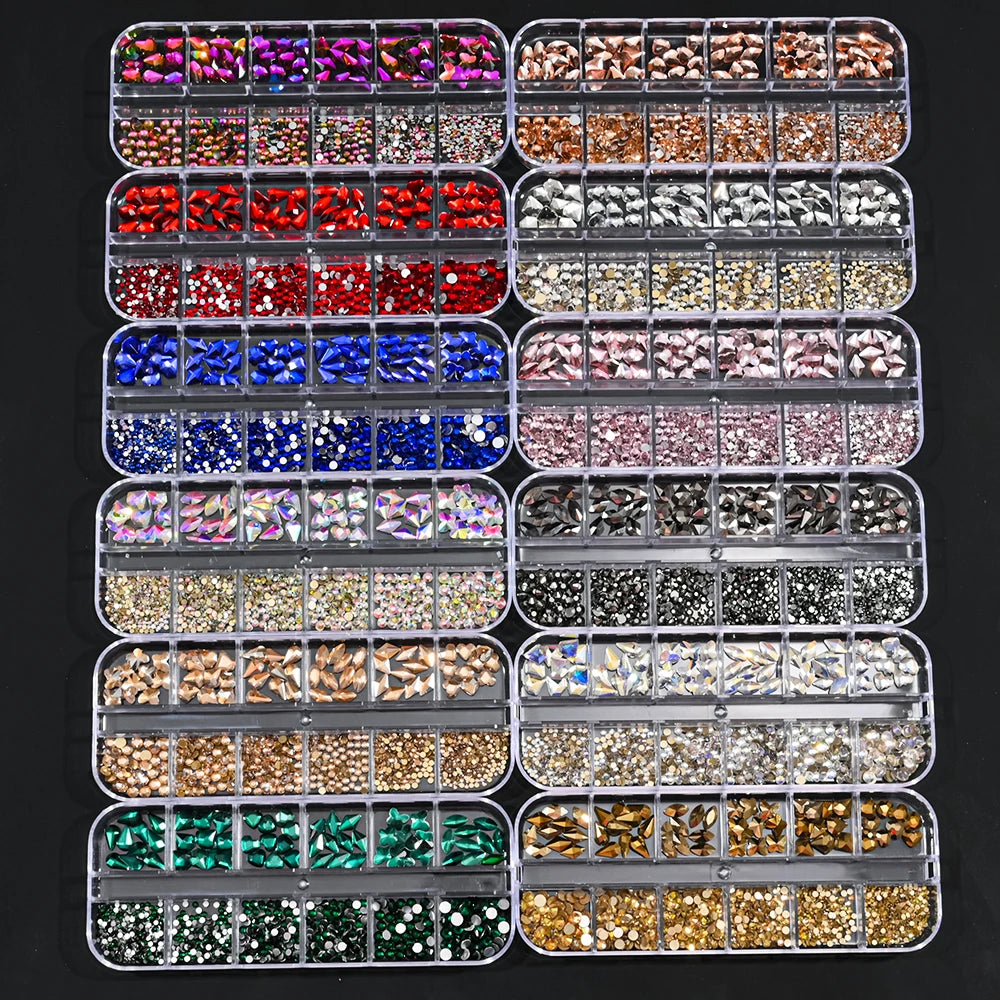 12Grids 3D Gold/Champagne Nail Art Rhinestones Mixed-Shapes Flat-Back Glass Diamonds Nails Charms Luxury DIY Manicure Decoration