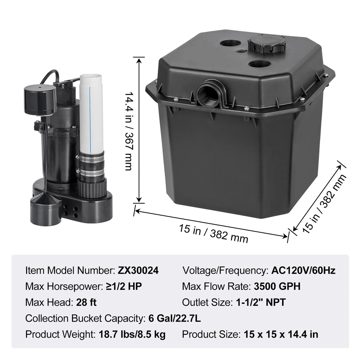 Utility Sink Pump 1/3HP 1/2HP 120V Under-Sink Sump Pump System with 6 Gallon Basin Automatic Utility/Laundry Drain