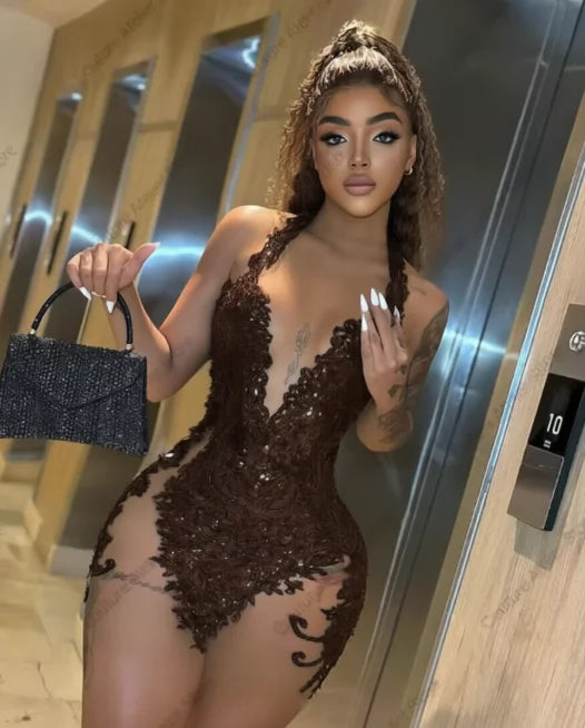 Sexy Black Halter Short Prom Dresses Black Girls Beads Rhinestones Sheer Mesh Baddie Dress For Birthday Mini Cocktail Customized