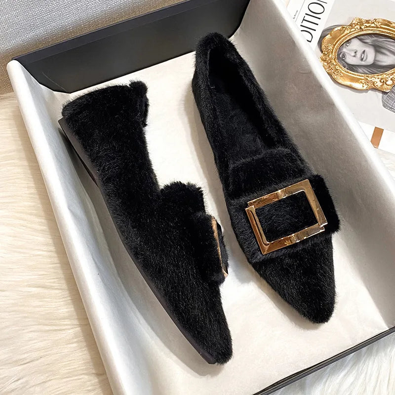 Flats Shoes for Women 2024 New Autumn Pointed Flat Mink Fur Winter Shoes Velvet Women's Loafers Ladies Shoes Plus Size 41 42 43