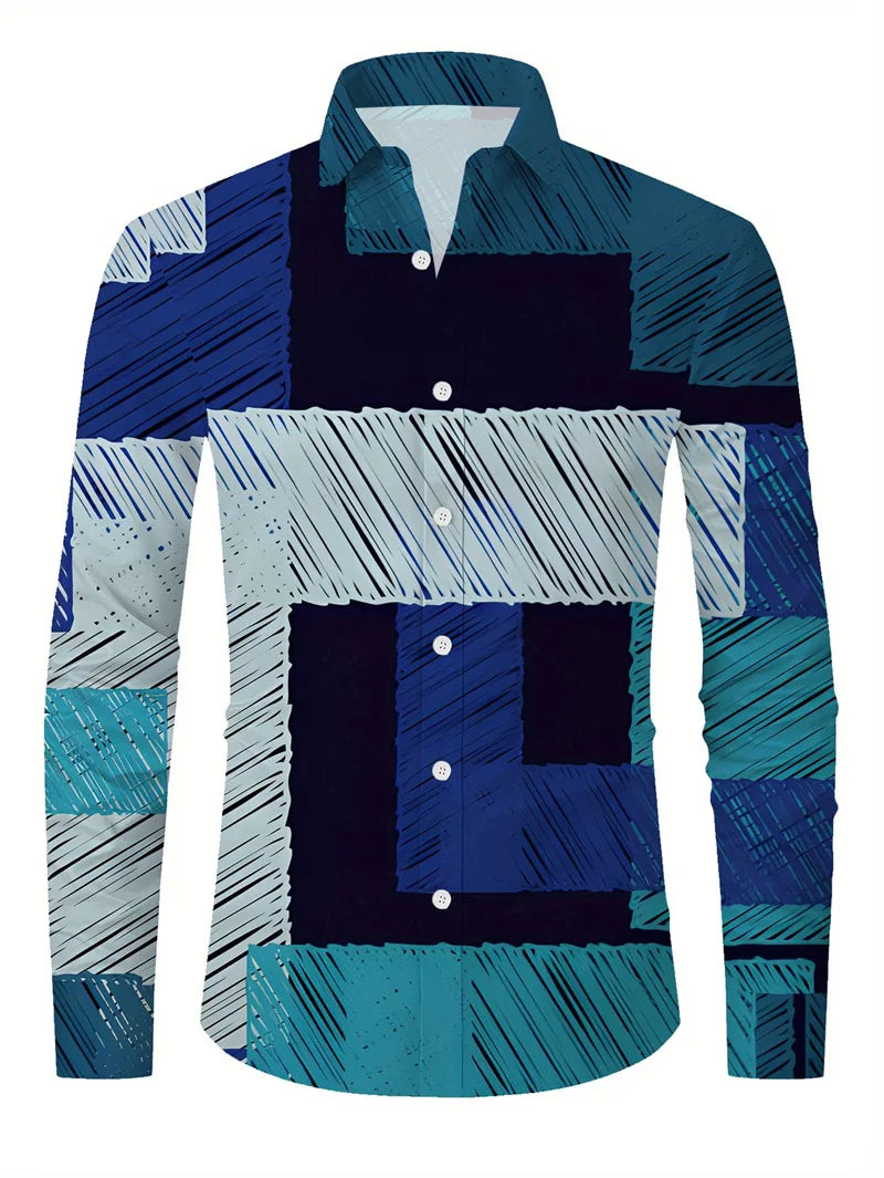 2025 men's printed casual shirt with breathable long sleeves and lead buttons suitable for spring and autumn