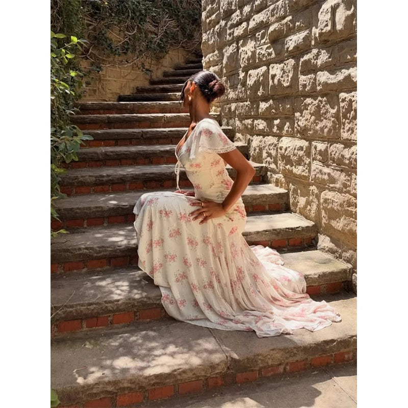 Women Floral Print Short Sleeve Maxi Dress Fashion V-neck Ruffle Trim Belted Slit Hem Dresses Casual Lady Daily Vacation Gowns