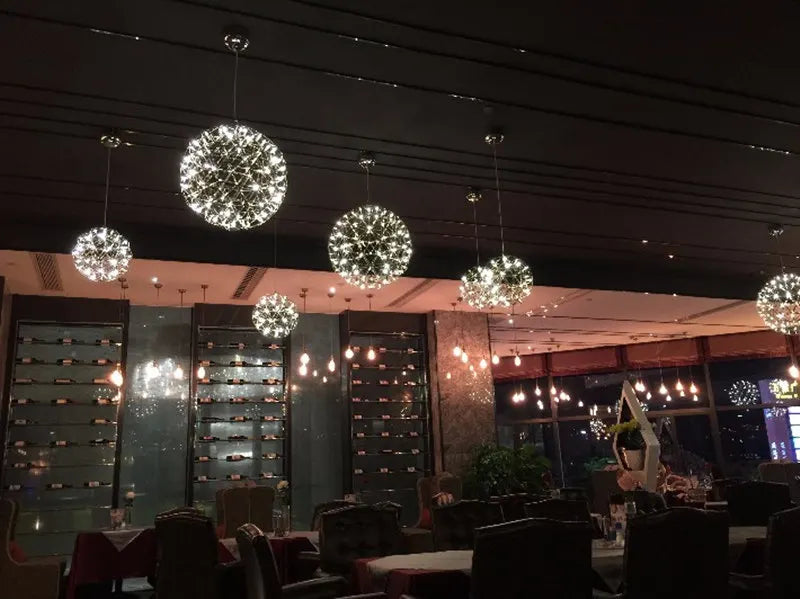 Modern Stainless Steel Spark Ball LED Pendant Light Dimmable Firework Dandelion Chandelier Loft Bar Bedroom Living Room Decor