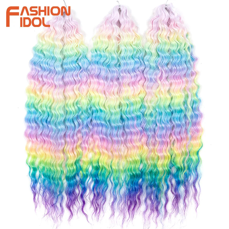 FASHION IDOL 24 Inch Ariel Hair Synthetic Crochet Curly Hair Water Wave Braid Hair Ombre Pink Deep Wave Braiding Hair Extensions