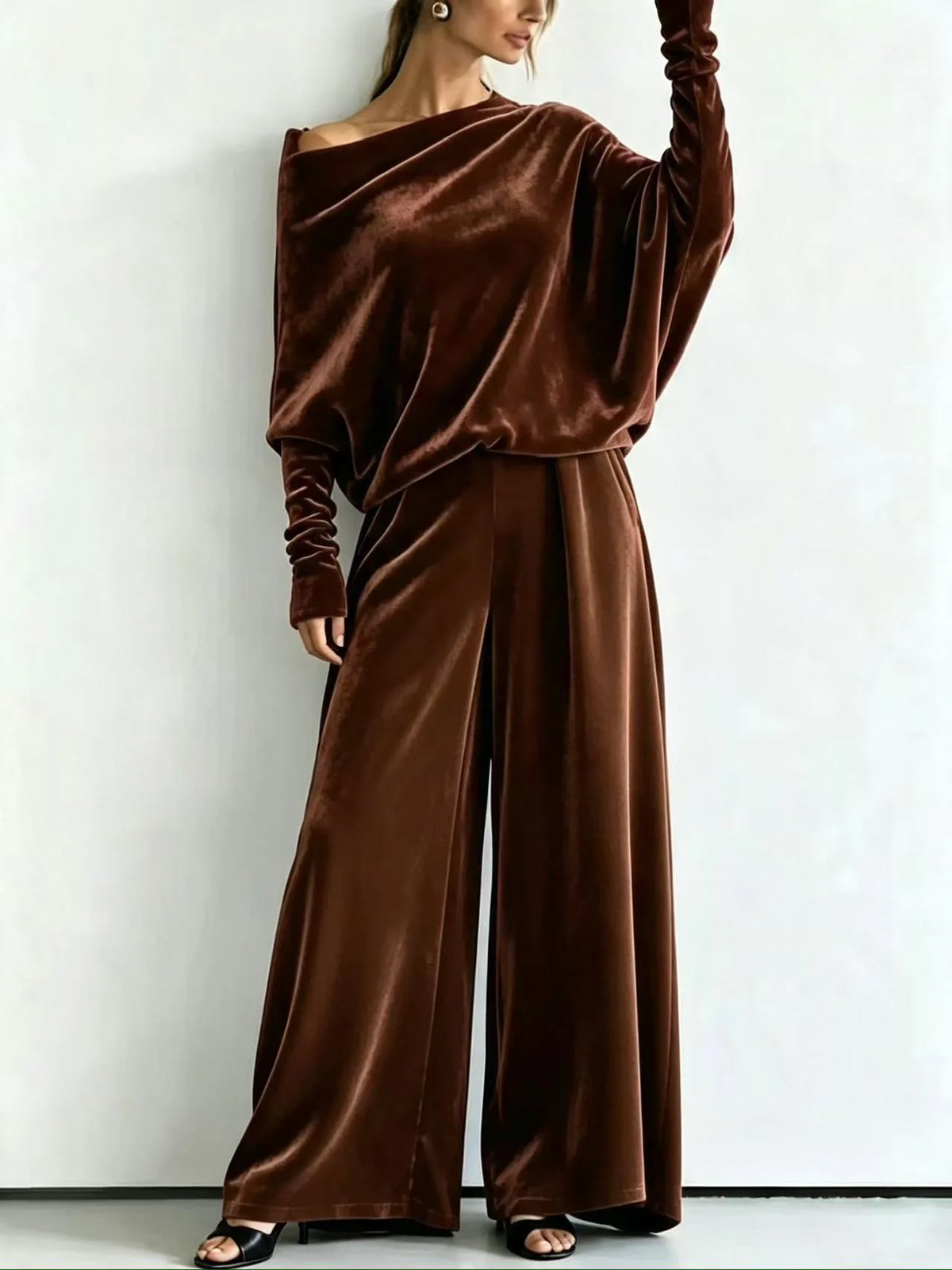 Women's Suit Two Piece Pants Set One Shoulder Batwing Sleeve Velvet Wide Leg Trousers Loose Fit Autumn Winter Tracksuit