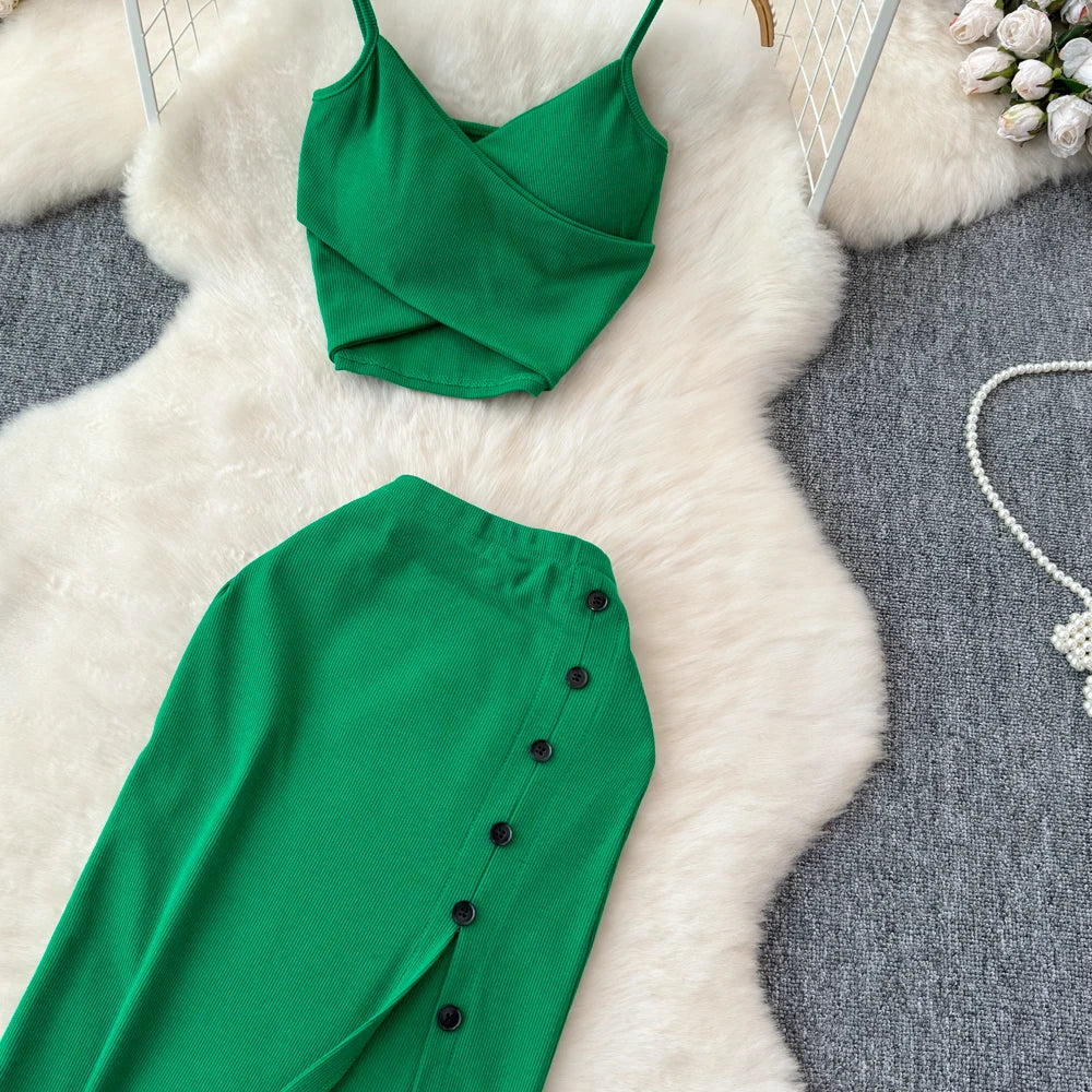 Sexy two Pieces Sets Chic Elegant  v neck slip camis with High Waist Hip Wrap Single Breasted split summer sweet Full Skir