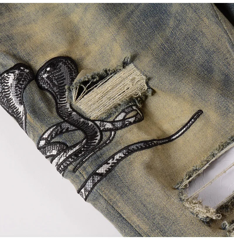 2026 New Men's Fashion Snake Embroidery Denim Jeans Vintage Blue Snakeskin Leather Patch Stretch Pants Skinny Tapered Trousers