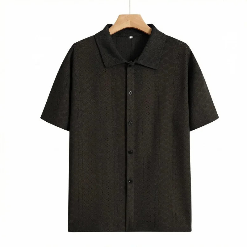 Men's Vacation Casual Style Knitted Geometric Striped Crochet Textured Jacquard Loose Short-Sleeve Shirt Hawaiian Beach Shirts