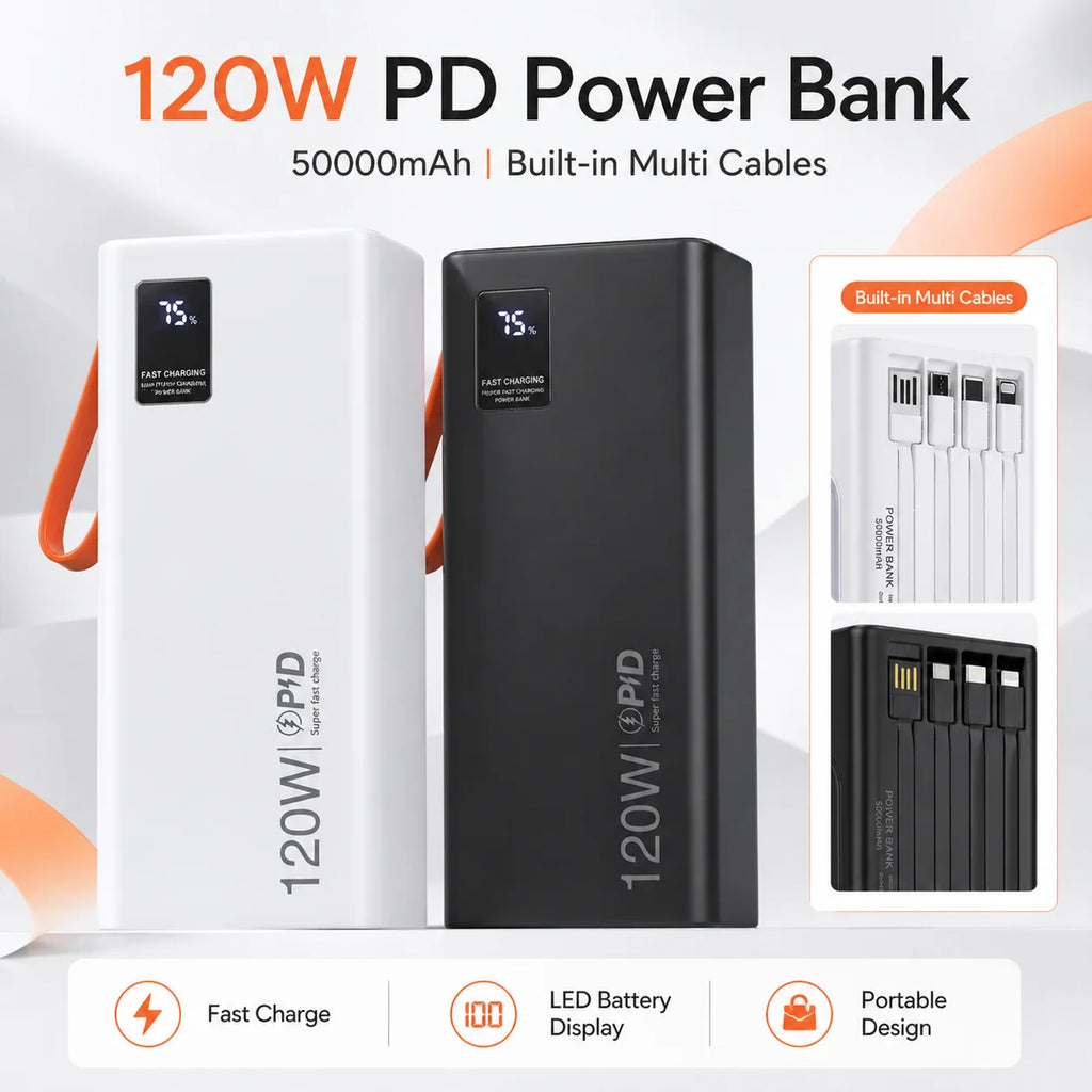 120W PD Power Bank 50000mAh Portable Charger(Built-in Cables), LED Display, Fast Charging Battery for Phone Tablet USB-C Devices