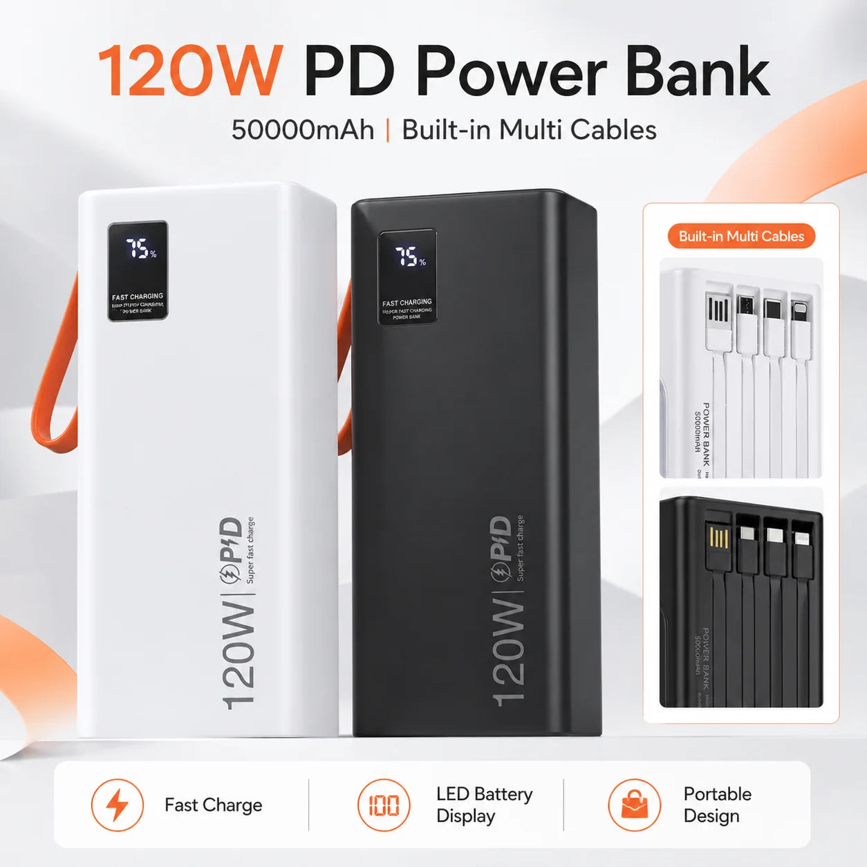 120W PD Power Bank 50000mAh Portable Charger(Built-in Cables), LED Display, Fast Charging Battery for Phone Tablet USB-C Devices
