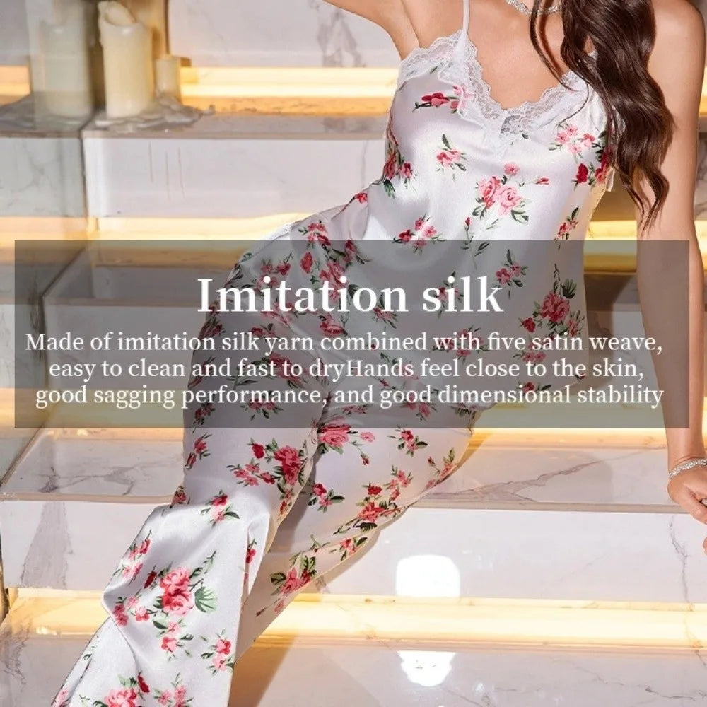Satin Ice Silk Women's Printed Pajamas Set Lace-Trimmed V-Neck Floral Printed Ice Silk Suspender Sleepwear Shorts And Long Pants