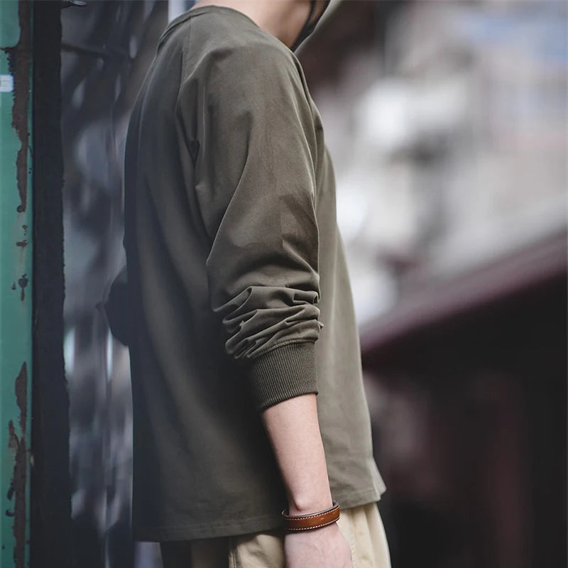 Maden 100% Cotton Loose Crew Neck Long Sleeve T-shirts Men's  230g Thin Breathable Tee Shirt Basic Solid Color Oversized Tops