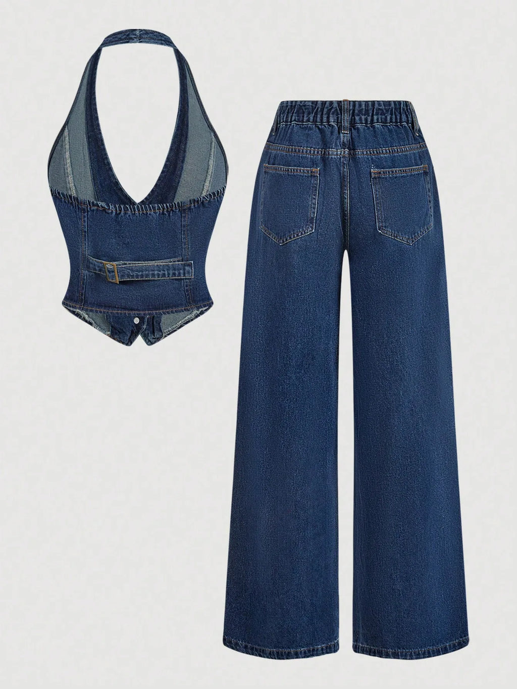 Retro Denim Pants Sets for Women Fashion Sleeveless Single Breasted Halter Tops High Waist Loose Jeans Simple Trend Casual Suits