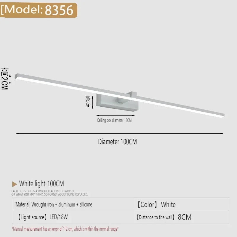 Modern Bathroom 100cm Mirror-front Lamp Bedroom Bedhead Home LED Wall Lights Aluminum Simple Strip Indoor Makeup Mirror Lighting