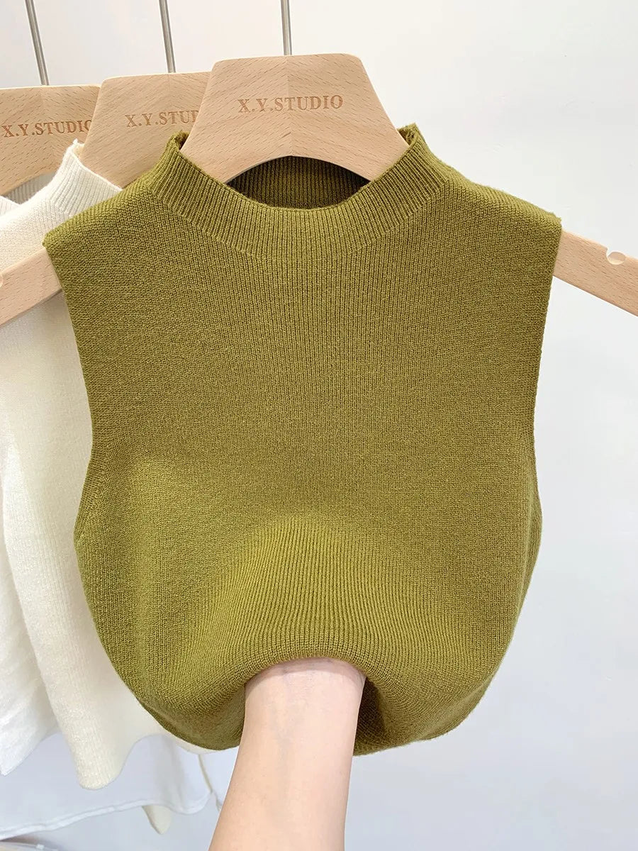2026 Women Knitted Tank Top Spring Summer Slim Sweater Short Sleeveless Solid Spring Autumn Sweaters Pullovers