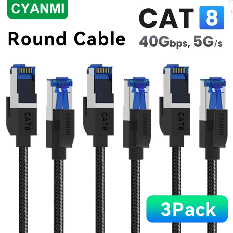 CYANMI Cat 8 Ethernet Cable 2000MHz 40Gbps High-Speed Nylon Braided RJ45 Network LAN Patch Cord for Indoor And Outdoor Use