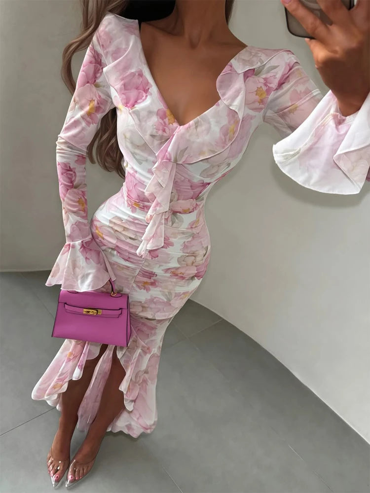 Women Pink Floral Print Maxi Dress Elegant V Neck Ruffle Trim Flare Sleeve Ruched High Chiffon Dresses 2026 Lady Party Vestido
