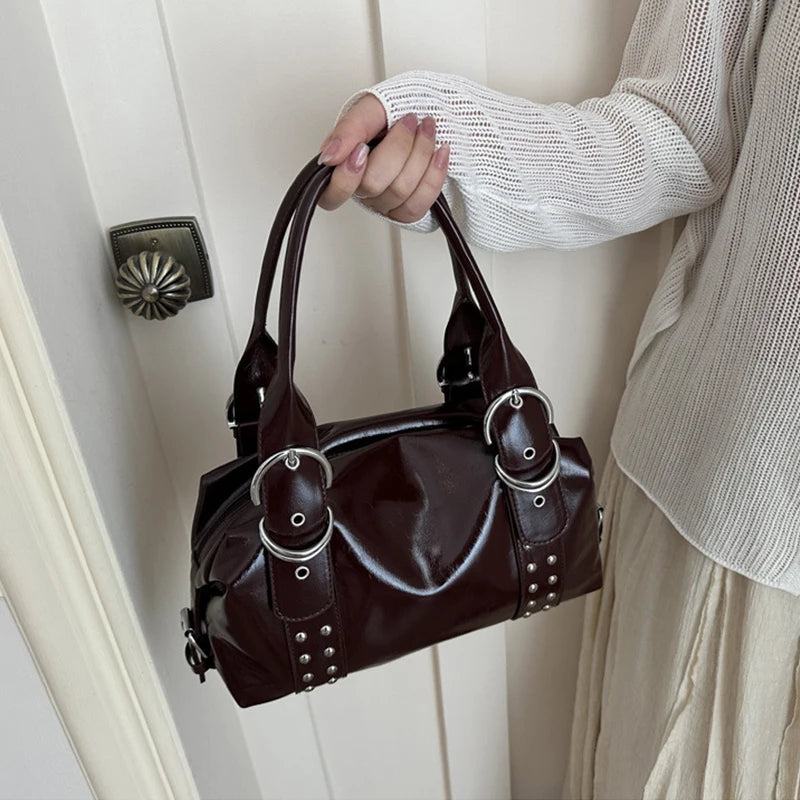 Vintage Style PU Leather Women Shoulder Bag Large Capacity High Quality Fashion Rivet Handbag Daily Use Y2K Motorcycle Bag