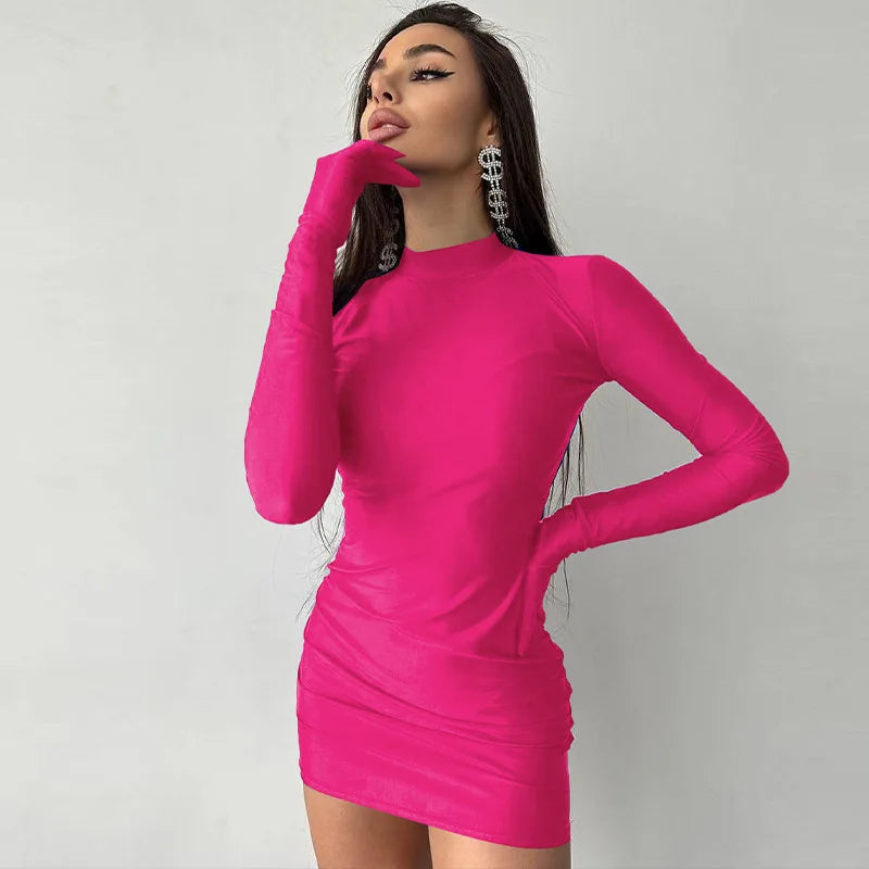 Solid Long Sleeve Mini Dress with Gloves Sexy Streetwear Party Outfit Half Turtleneck Bodycon Y2K Style Wholesale