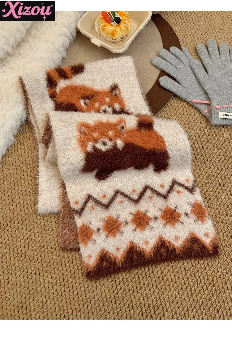 Japanese Cute Lolita Cartoon Red Panda Plush Scarf Female Autumn Winter Thickened Warm Versatile Maillard Neck Scarf 2025 New