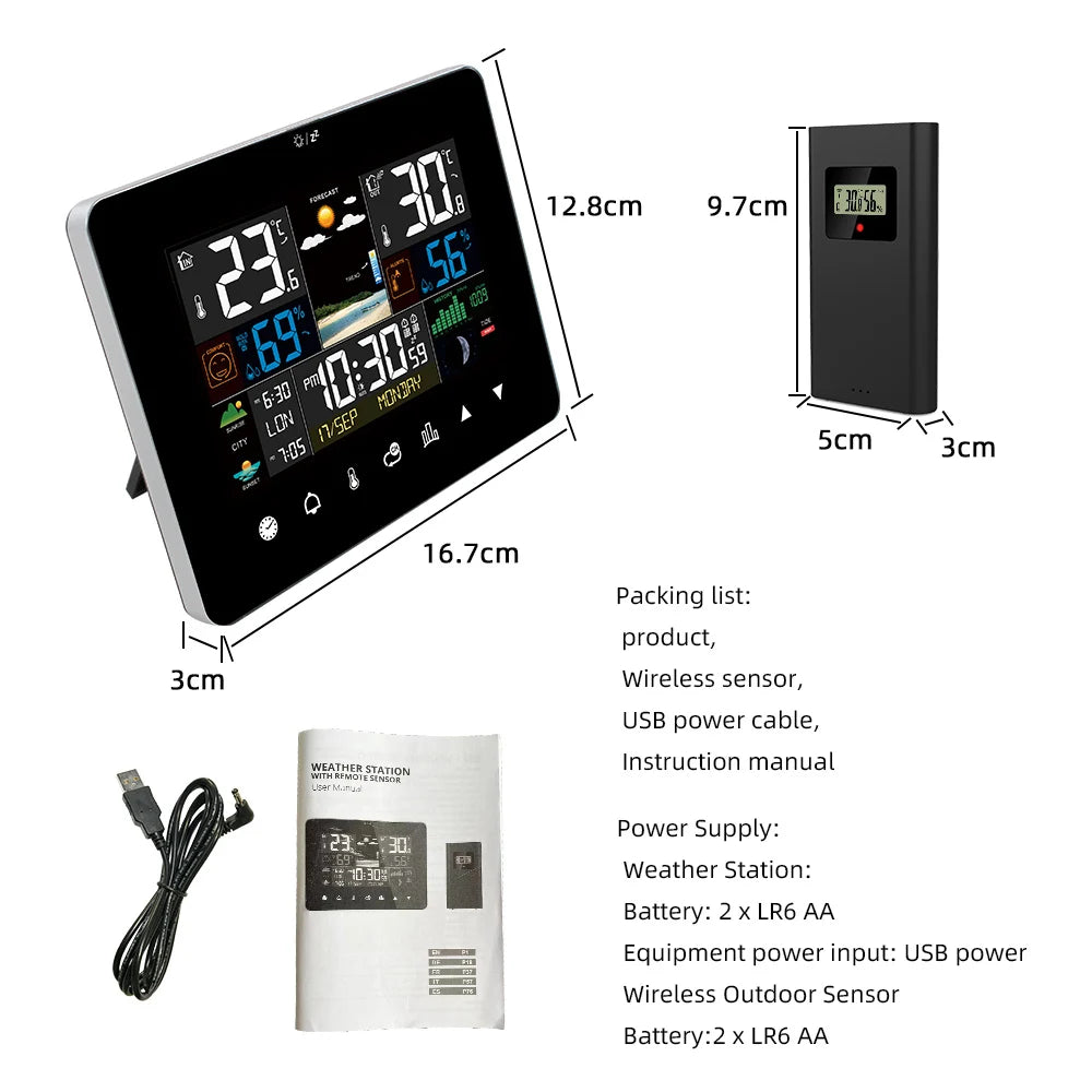 Multifunctional Weather Station Alarm Clock Touch Screen Thermometer Hygrometer Wireless Sensor Sunrise Sunset Hygrothermograph