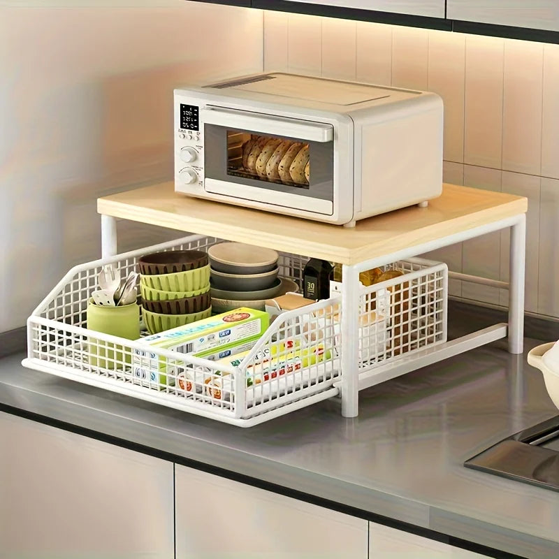 Space-Saving Kitchen Countertop Organizer with Drawer & Wire Basket - Sturdy Hardwood  Shelf for Coffee Maker.