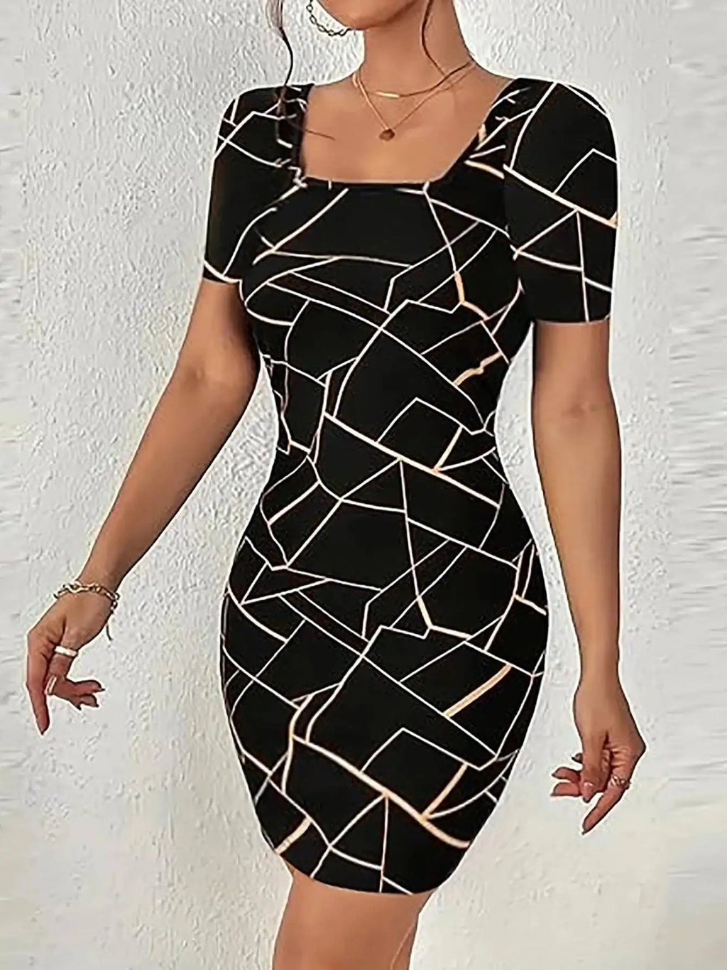 Women Dress Square Neck Short Sleeve Geometric Print Bodycon Mini Dress Sleek Spring Summer Chic Party Club Night Out Flattering