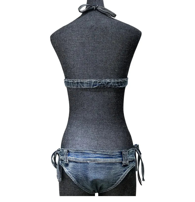 Fashion Women Low Waist Lacing Denim Shorts Bra Sexy Lady Nightclub Hot Dance Mini Jeans Briefs Summer Beach Bikini Clothing