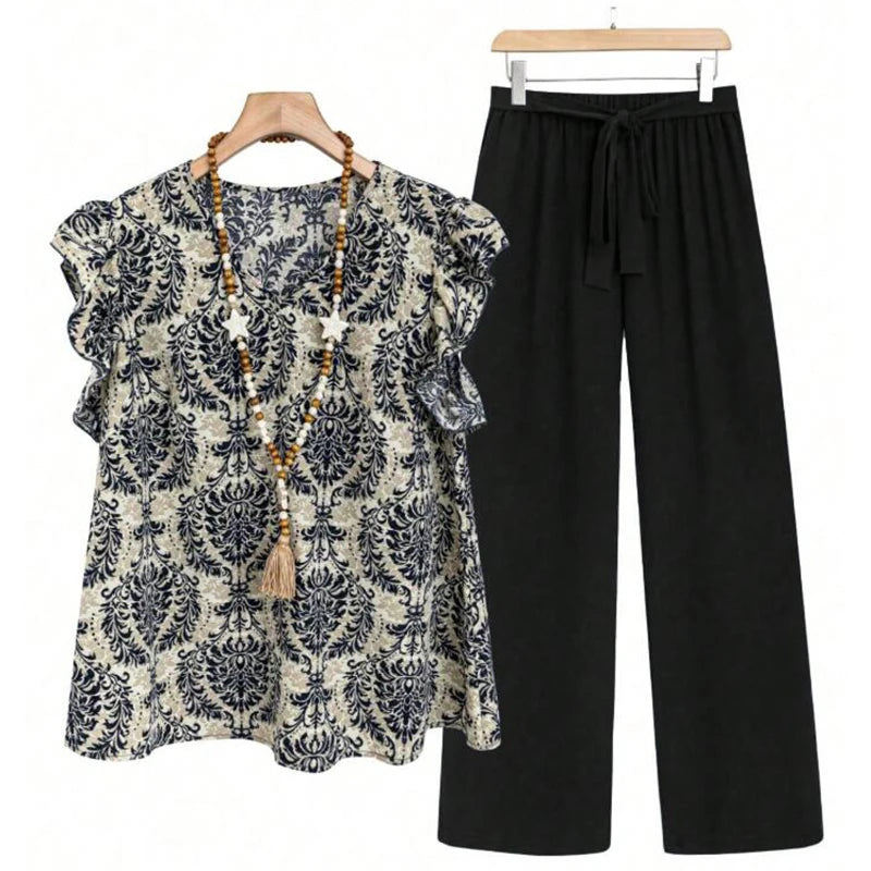 Summer Women Casual Two Piece Sets Vintage Printed Short Sleeve Loose Shirt High Waist Drawstring Pants Women Homewear