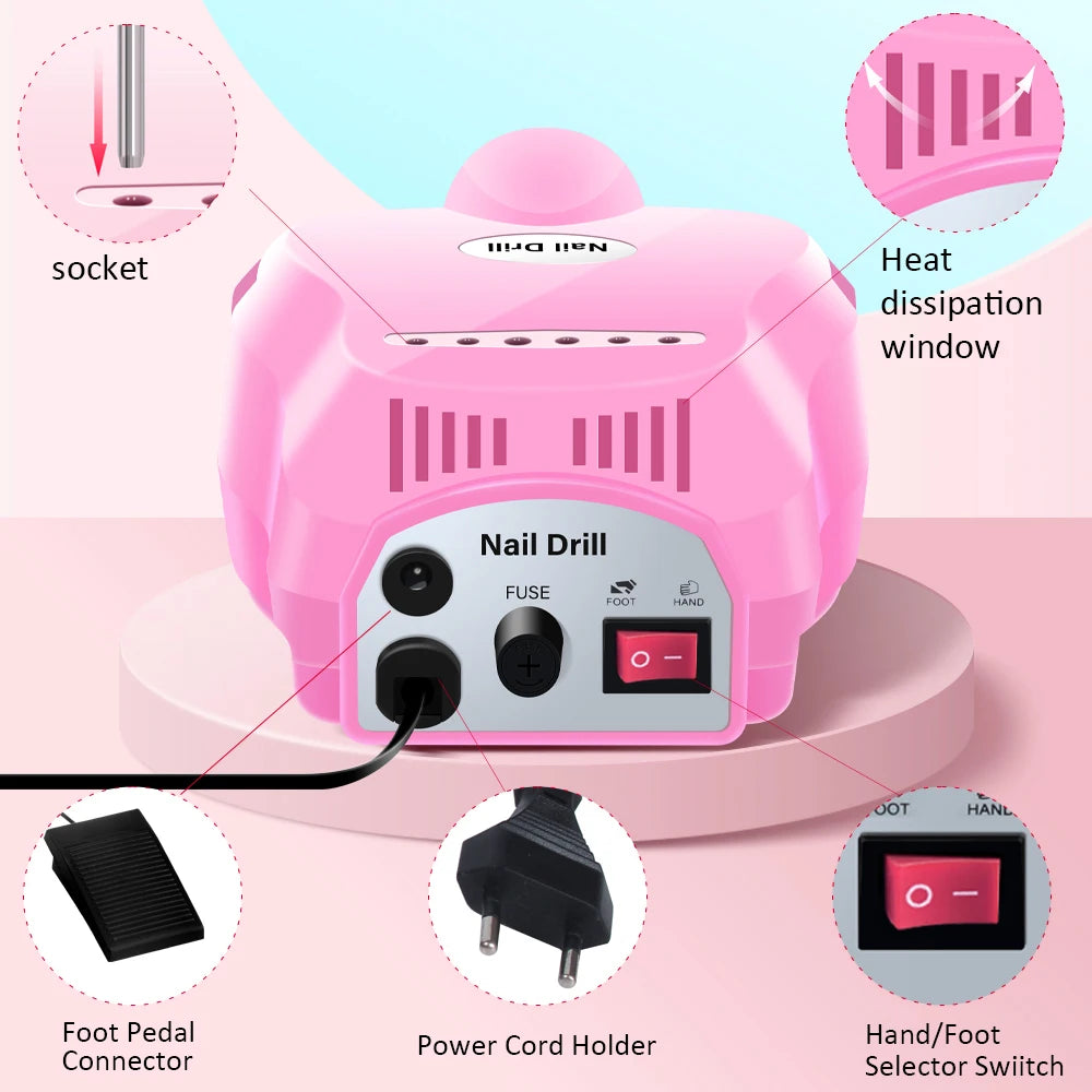YIKOOLIN 35000RPM Electric Nail Drill Machine Manicure Pedicure Professional Nail Lathe Low Noise Cutters Nail File Kit