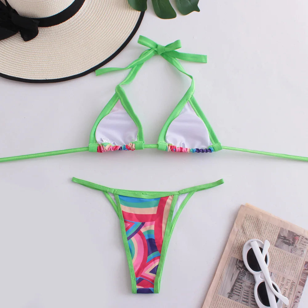 Sexy Bikini Swimsuit Digital Print Two-Piece Women's Triangle Soft Pack Swimwear Trendy Floral Pattern without Shoulder Straps