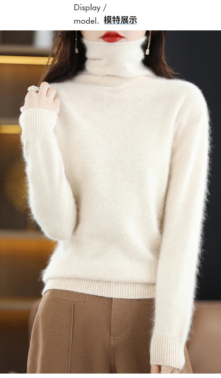 Women's Pile Collar 100% Mink Cashmere Sweater Winter High Collar Knitted Pullover Casual Short Thick Tops Loose Warm Base Shirt