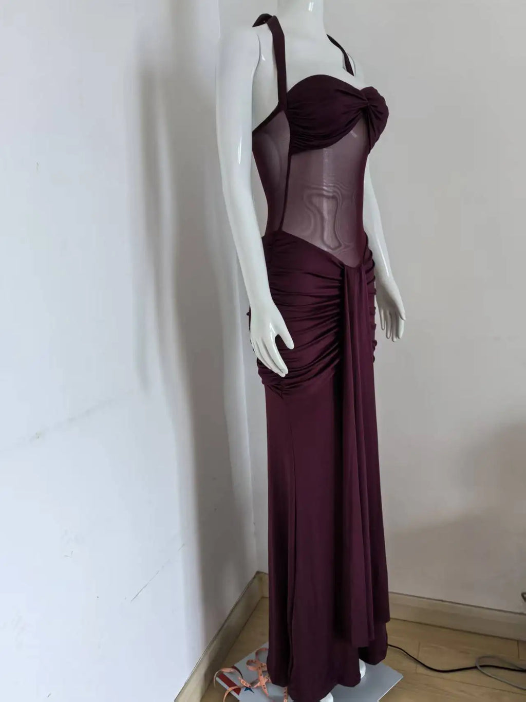Suninheart Draped Maxi Evening Dress Women Elegant Halter Prom Dresses Wine Formal Occasions Backless Dress Sexy