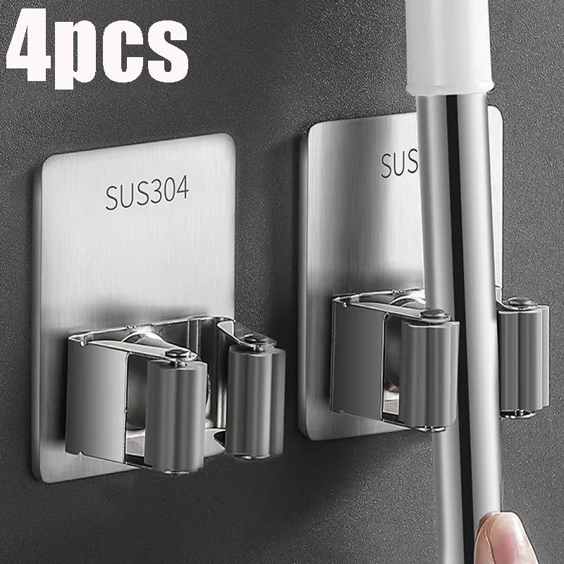304 Stainless Steel Mop Clip Holder Bathroom Punch-free Mop Broom Brush Hanging Rack Strong Sticky Hook Wall Organizer Shelf
