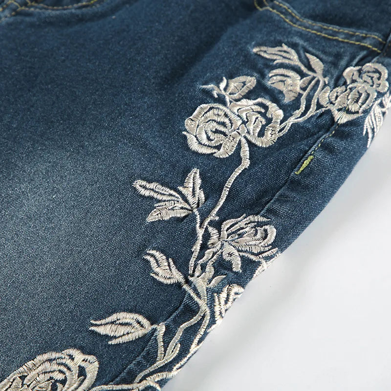 2026 Denim Trousers Y2K Flare Pants Jeans Women Embroidery Boot Cut Low Waist Washed Distressed Pockets Floor Length Streetwear
