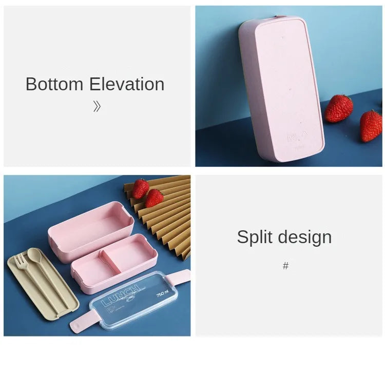 Wheat Straw Lunch Box ，Stackable Bento Box Microwave Dinnerware Food Storage Container with Spoon Fork For Student Work，2 Layer