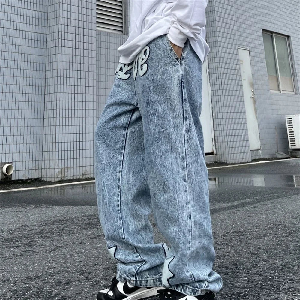Trousers Cross Men's Straight Jeans Neutral Denim Stitch Loose Wide Leg Men Jeans Quality Casual Baggy Trousers Street Hip Hop