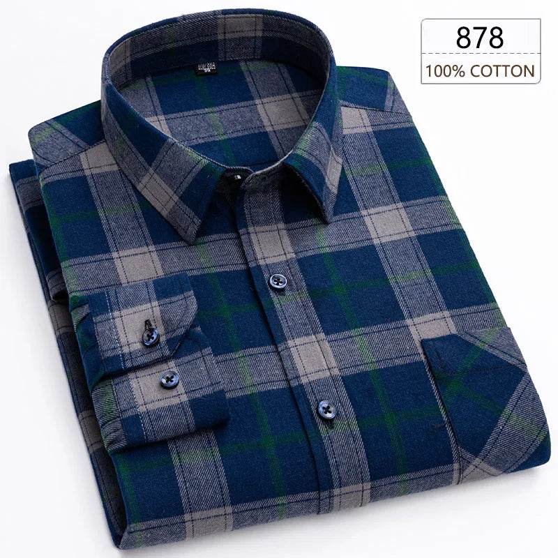 Men's Winter Chic Long Sleeve Shirt Cotton Flannel Plaid Button-Up Comfortable Warm Top for Business Casual Dress Shirts New