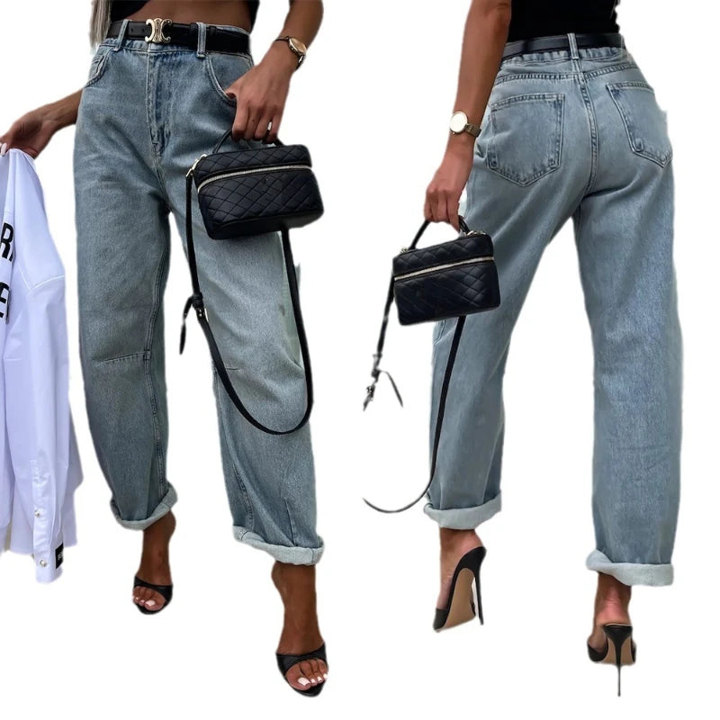 Denim Pant Women Jeans Long Pants High Waist Casual Loose Straight Trousers Y2k Streetwear Elegant Mom Jeans Work 2025 Summer