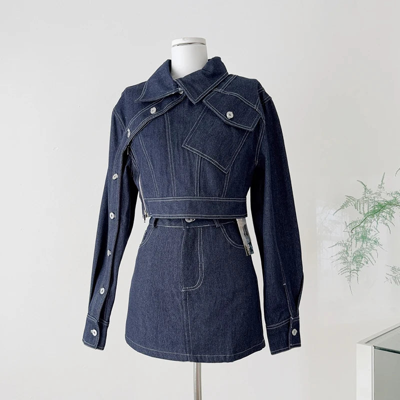Vintage Wash Denim 2 Piece Sets Women Long Sleeve Crop Top Zipper Jacket and A-Line Mini Skirts Suits Streetwear Jeans Outfits