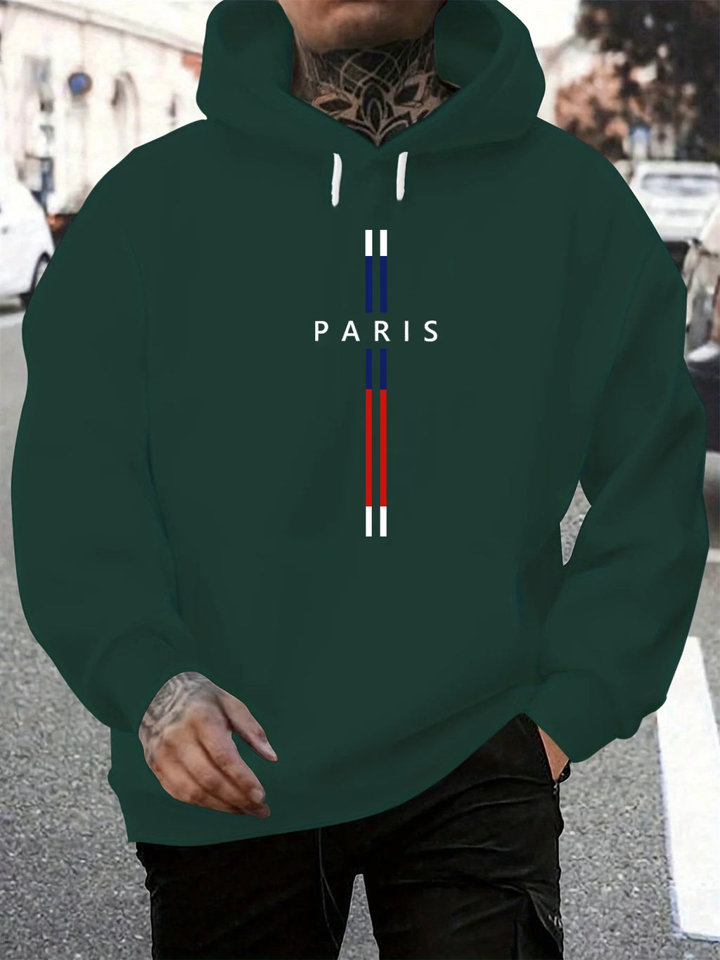Men's autumn and winter casual fashionable loose hooded sweatshirt Paris letter printed long sleeved warm pullover