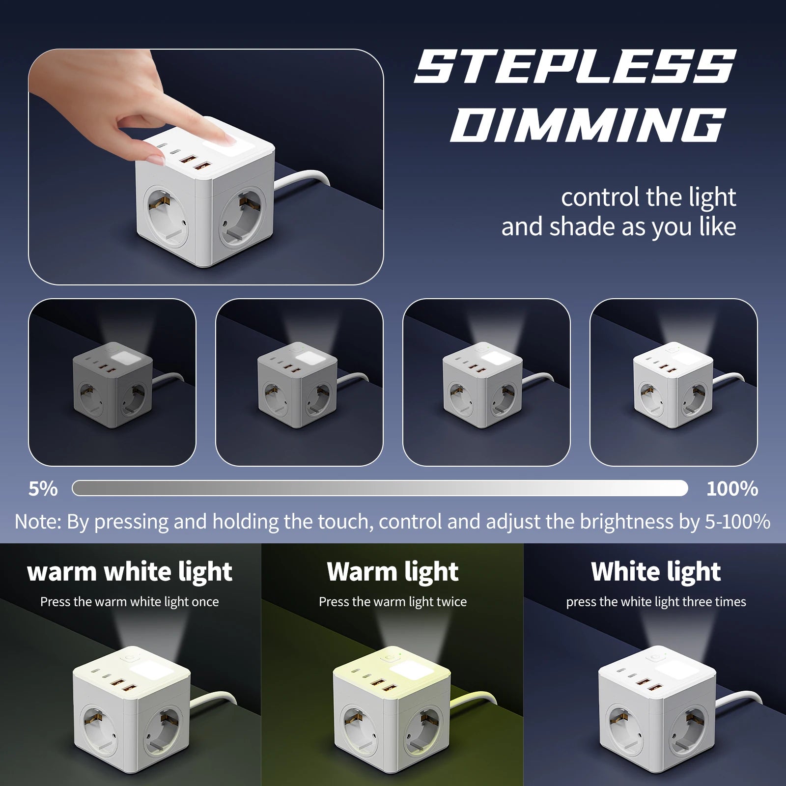 1 EU 8-in-1 power socket, with 1.5-meter extension cord power board, 3 AC sockets & 2 USB & 2 Type-C & dimmable small night ligh