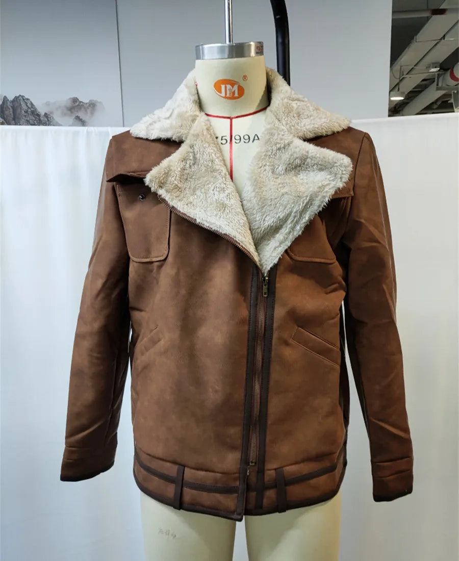 2026 Men's PU Leather Patchwork Zipper Jacket Autumn Winter Fleece Warm Outdoor Coat Casual Cowboy Outerwear Brown Streetwear