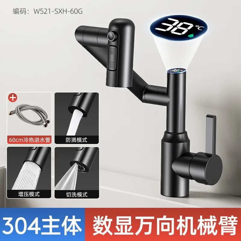 Stainless Steel Faucet Washbasin Bathroom Multi-functional Robotic Arm Universal Rotation for Hot and Cold Water Digital Display