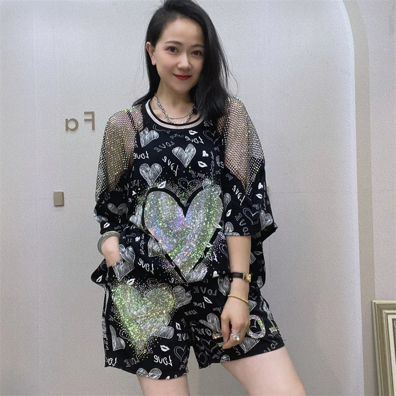 2pcs Plus Size Set For Women Spring Summer Chiffon Suit Hollow Out Shoulder Short Kit Matching Sports Wear